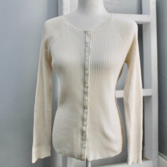 Jones New York VTG Y2K Cream Cotton Ribbed Button Cardigan Sweater Size Large - Picture 2 of 8